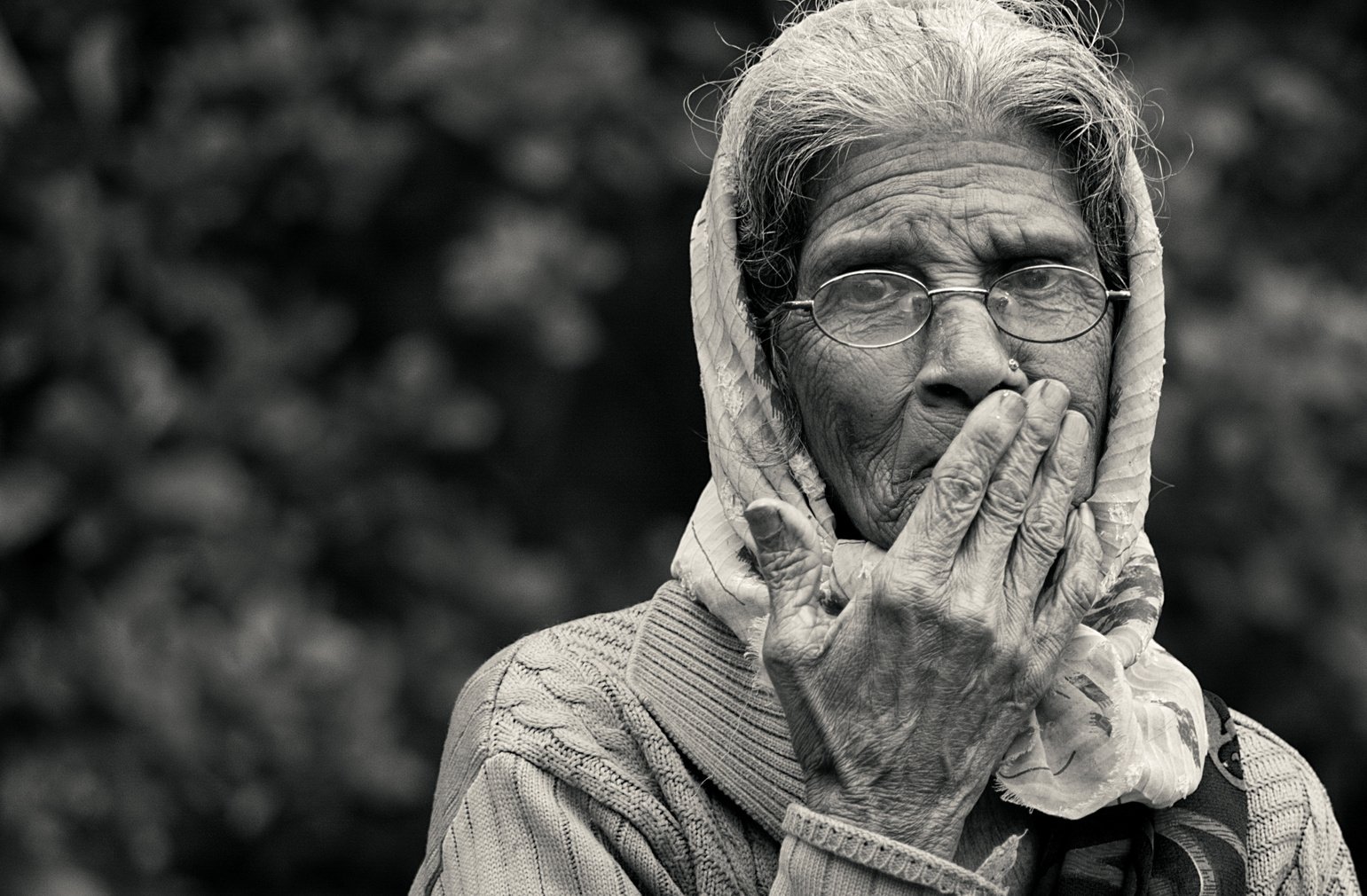 Monochrome Shote of Elder Woman Outdoors